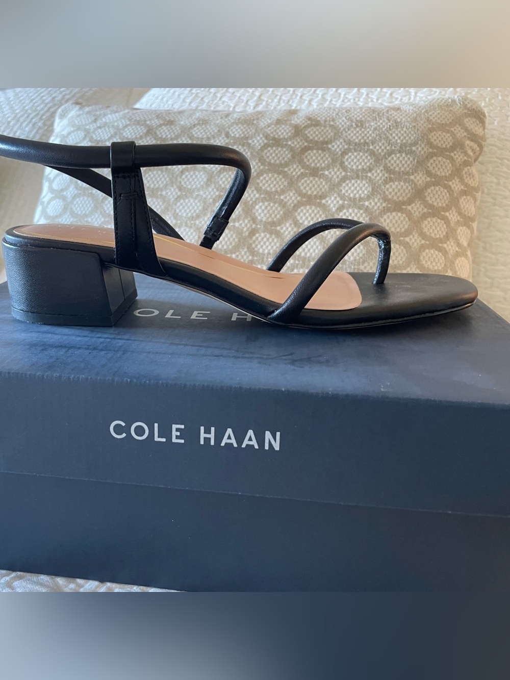 Cole Haan Black Strappy Low Block Heel Sandals with Tan Insole